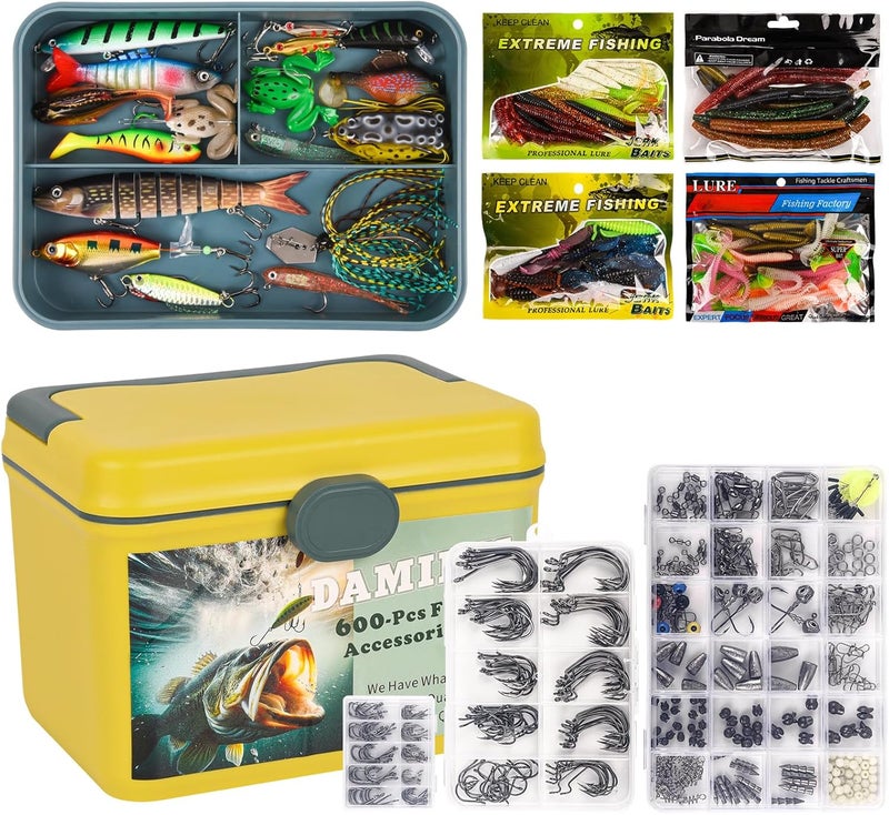 DAMIDEL 600 Pcs/Tackle Box Fishing Kit-Fishing Hooks,Sinkers, Swivels Snaps,Top Water Lure,Spoons,Soft Lures,Jig Heads, Frogs, Minnow, Accessories Equipment- Saltwater Freshwater Bass Bait Gear - Image 1